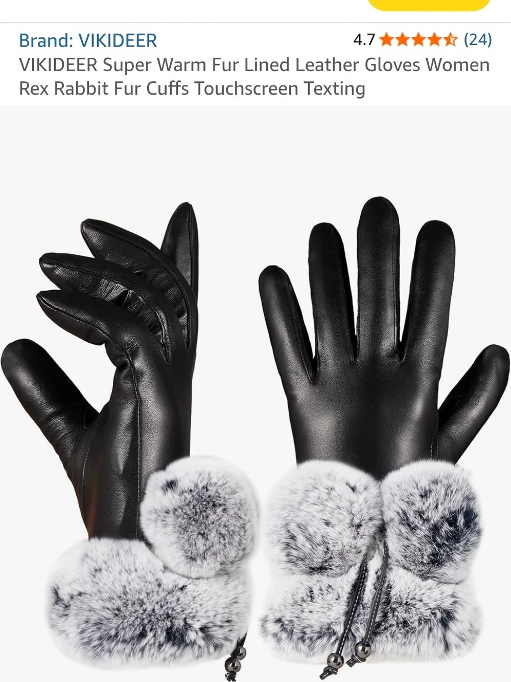 VIKIDEEr Black Leather Gloves with White-Gray Fur Cuffs
